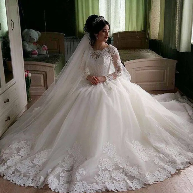 로브 드 mariage 공 가운 웨딩 드레스 완전히 레이스 우아한 긴 소매 신부 웨딩 드레스 2020 Vestidos de Noiva