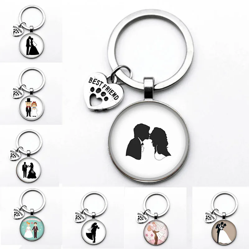 Bardzo romantyczna kreskówka panna młoda i pan młody brelok biżuteria ślubna na prezent szkło Cabochon Art Picture 25mm Handmade brelok metalowy klucz