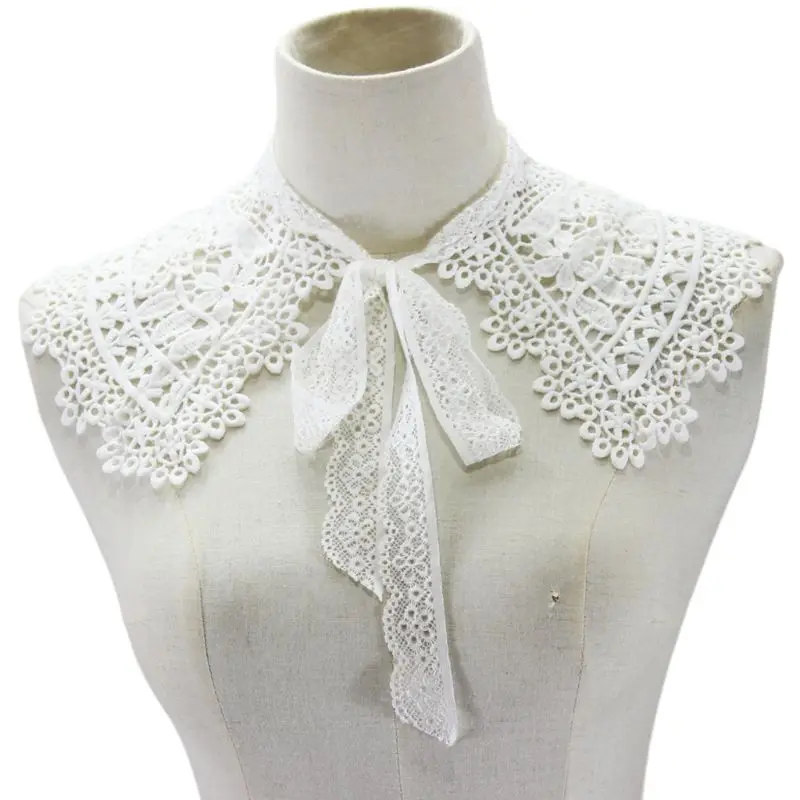 European Pastoral Style Womens Doll False Fake Collar Hollow Out Embroidery Floral Lace Half Shirt Shawl with Bowknot