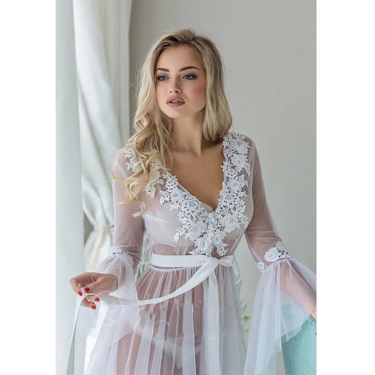 Women Robes Lace Sleepwear Babydoll See Through Ladies Floral Long Dress Sexy Clothes For Taking Pictures