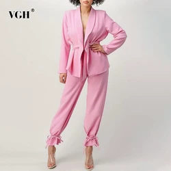 VGH Casual Solid Trouser Suit Female Notched Long Sleeve Tunic Blazer High Waist Wide Leg Pants Women's Suit 2021 Spring Fashion