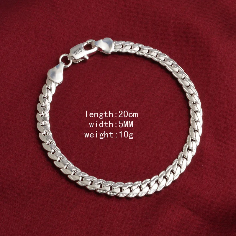 Pure Silver 925 Bracelets for Men 5mm Chain Link Bracelet & Bangles Wristband Costume Male Statement Jewelry Accessories Gifts