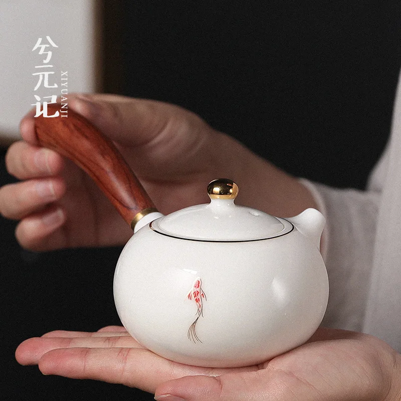 |sheep fat jade white porcelain teapot Koi sour branch single side handle teapot household kungfu tea set single pot