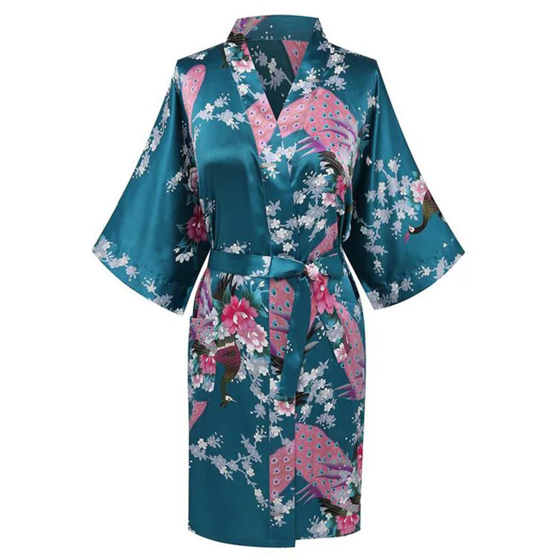 CEARPION-bata de baño Sexy para mujer, ropa de dormir con estampado de flores y pavo real, Kimono de satén, ropa de casa de talla grande, S-3XL
