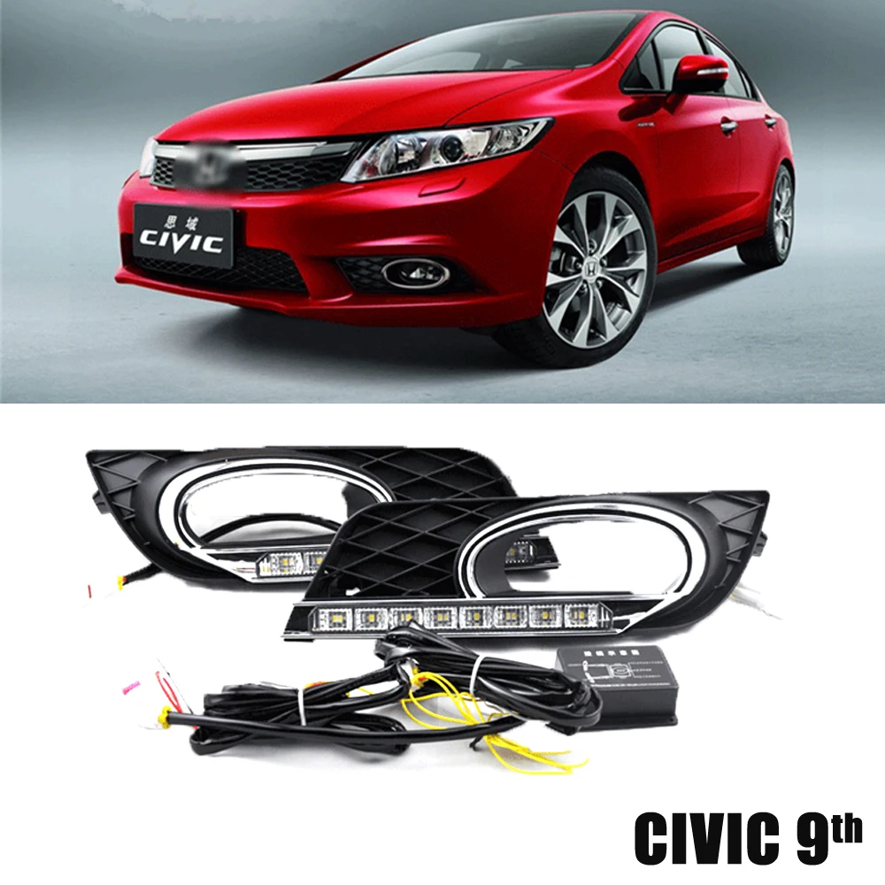 

2Pcs Car Accessories Turning Signal style Relay 12V LED DRL Daytime Running Lights Fog Lamp Covers For Honda Civic 9th 2011~2014