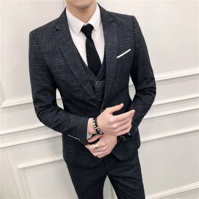 2023 Black Lattice Men Suit 3 Pieces Classic Groom Wedding Suits Formal Male Business Blue Dress Tuxedo Blazers Vest Pants Sets