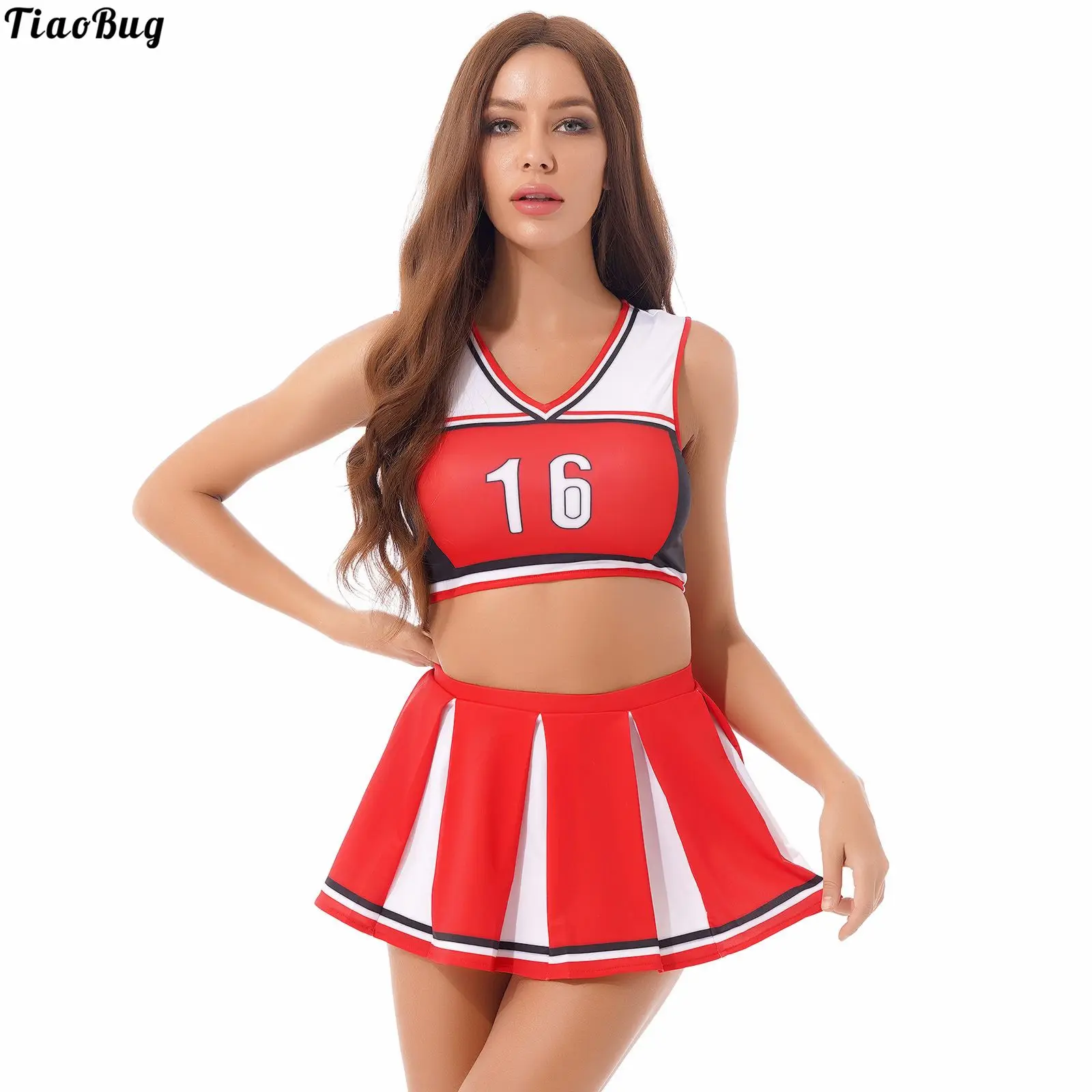 

Summer Women Color Block Cheerleading Uniform Suit Sport Outfits Letter Printing V Neck Sleeveless Crop Top With Pleated Skirt