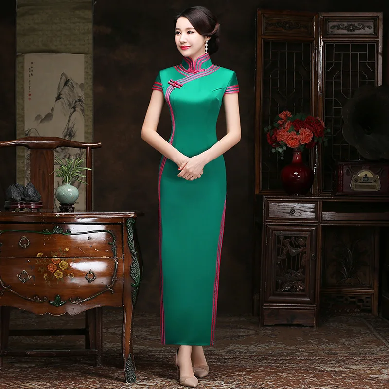 Plus Size 3xl 4xl 5xl Slim Purple Qipao Sexy Satin Cheongsam Elegant Mandarin Collar Chinese Dress Long Classic Vestidos Gown