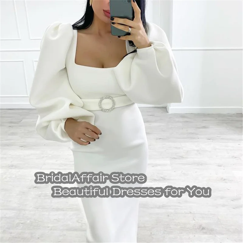 BridalAffair Modest Ivory Midi Tea Length Formal Evening Dresses Puff Long Sleeves Matte Satin Simple Prom Gown Women Party Gown