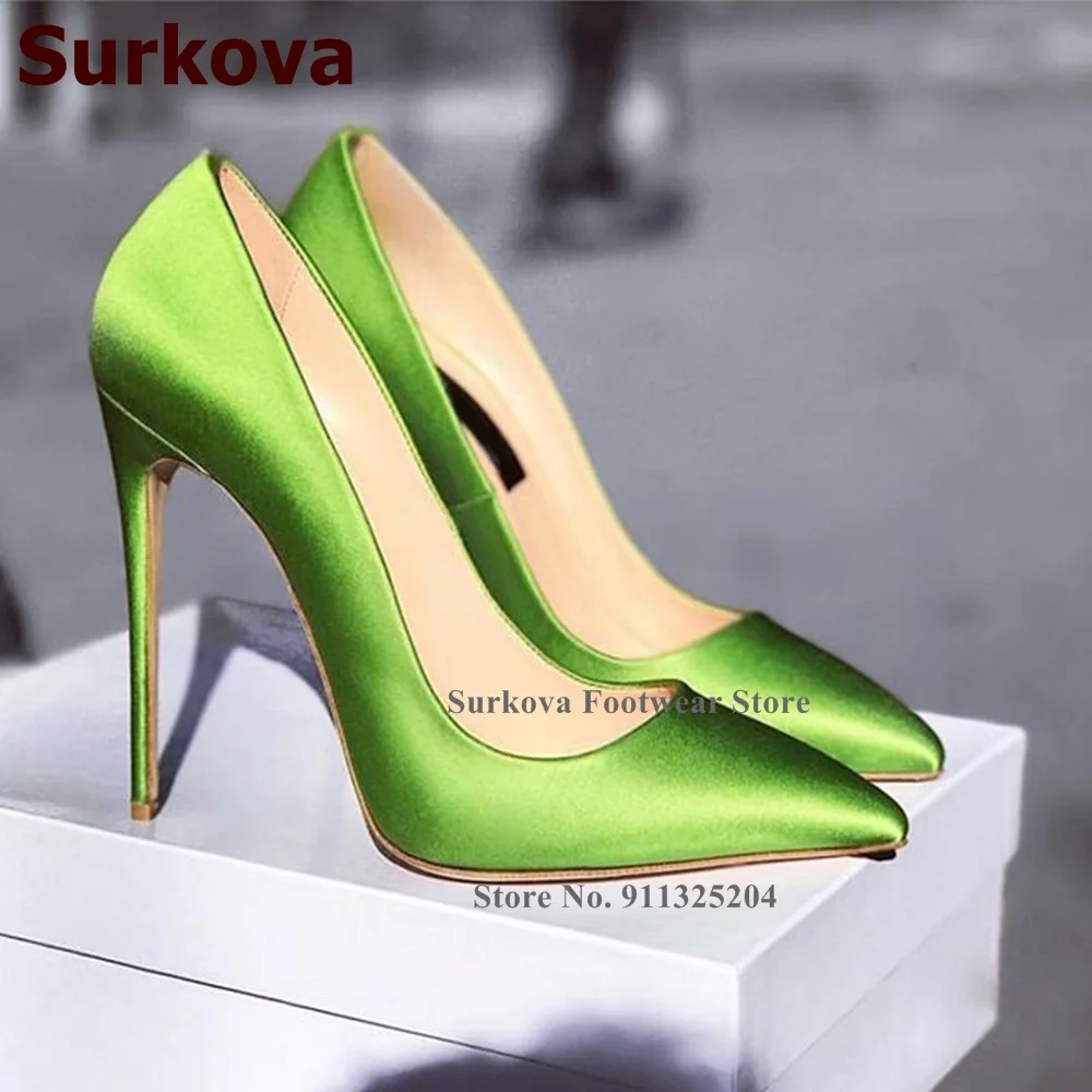 Surkova Sexy Satin Fabric 12cm High Heel Shoes Women Pointed Toe Slip-on Shallow Dress Pumps Silk Cloth Banquet Pumps Size45