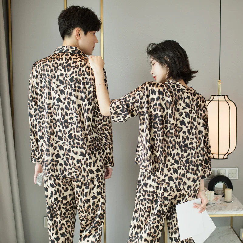 Leopard Pajamas Suit Nightwear Lover Loose Nightgown 2PCS Tops&Pants Satin Men&Women Sleepwear Intimate Lingerie Home Clothing