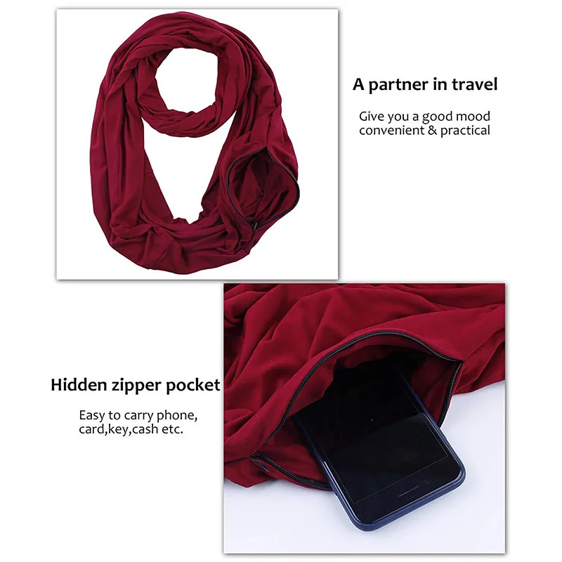 Woman Plain Color Travel Scarf New Premium Pocket Infinity Scarf Fashion Cotton Scarves Wrap with Zipper Carabiner AA10129