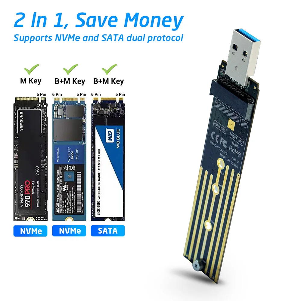 

M.2 to USB Adapter Dual Protocol SSD Board M.2 NVME PCIe NGFF SATA M2 Card Support 2230 2242 2260 2280 NVME/SATA M2 SSD RTL9210B