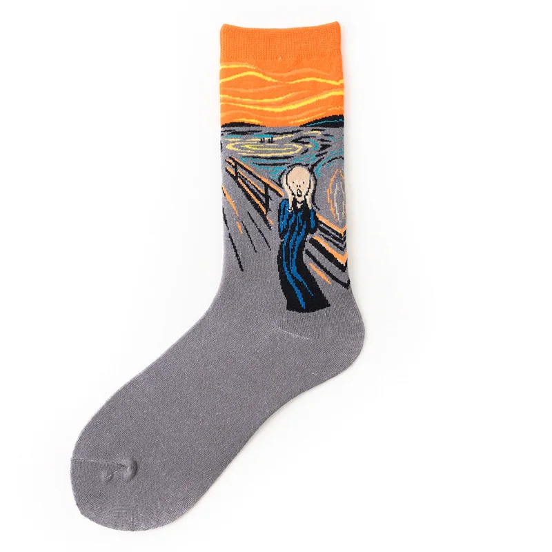 Hot Sale 1pair Combed Cotton Colorful Van Gogh Retro Oil Painting Men Socks Cool Casual Vogue Funny Party Dress Crew Socks