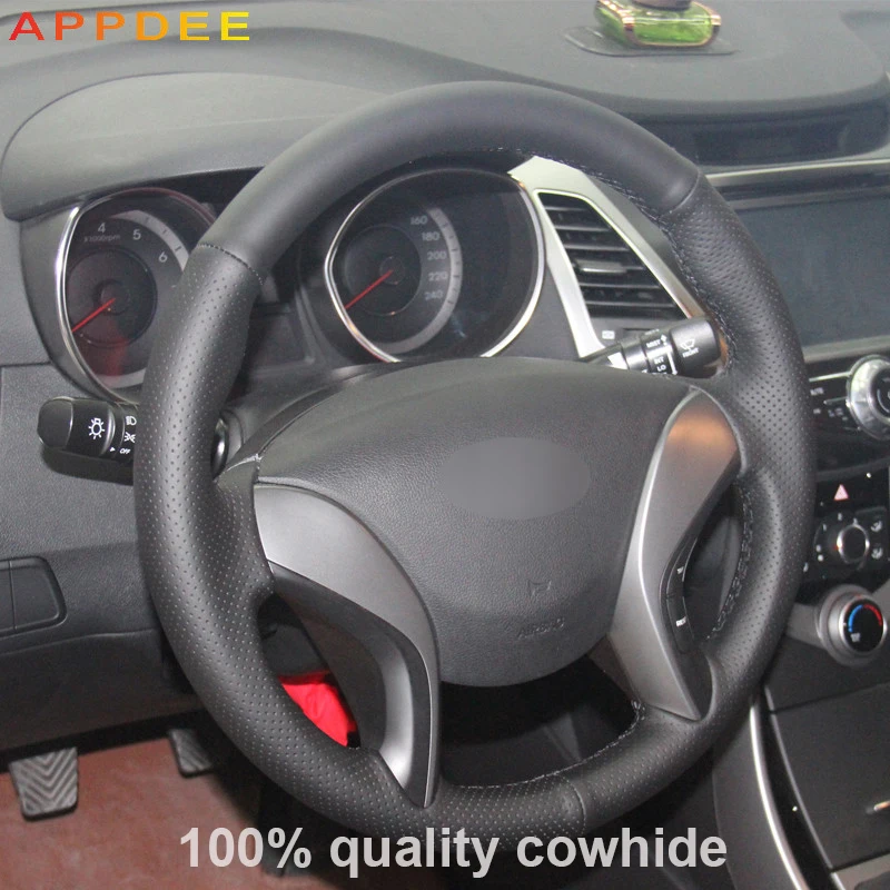 Czarne prawdziwa skóry kierownicy pokrywa dla Hyundai Elantra 2011 2012 2013 2014 Avante I30