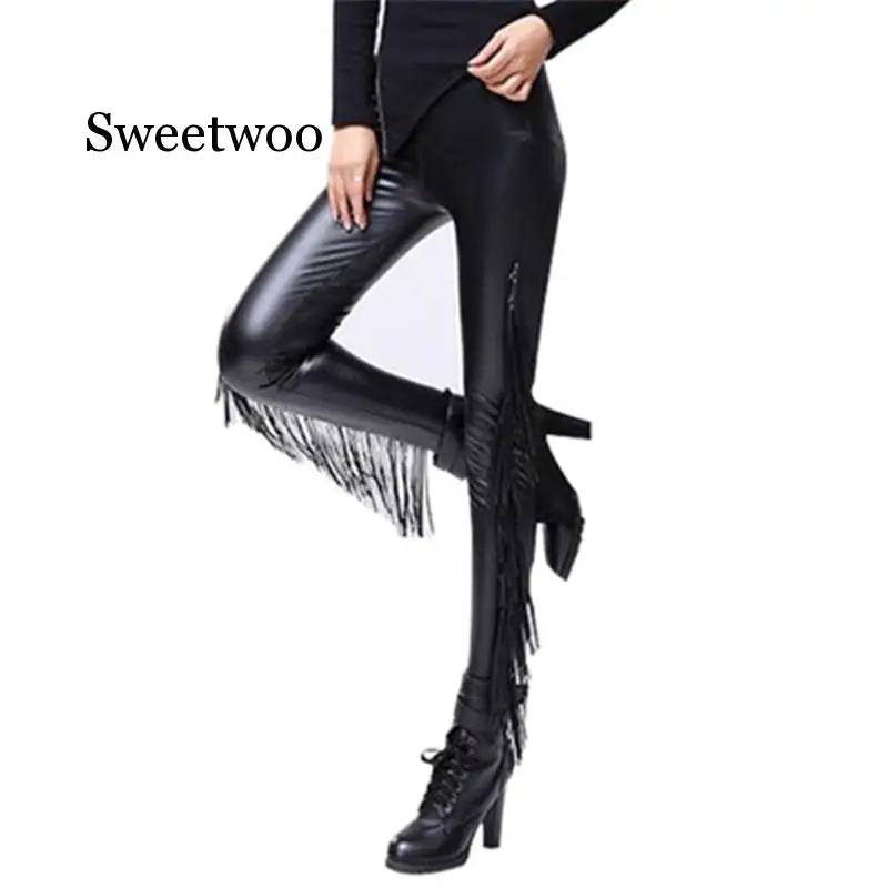 

2020 New Women Chic Elastic PU Imitation Leather Pants Sexy Fringed Female Winter Thick Warm Trousers Large Size