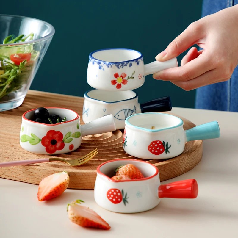 Ceramic Milk Pot 50ML Cooking Non-stick Mini Milk Pot Cookware Cute Strawberry Milk Jug with Handle Salad Dipping Dishes