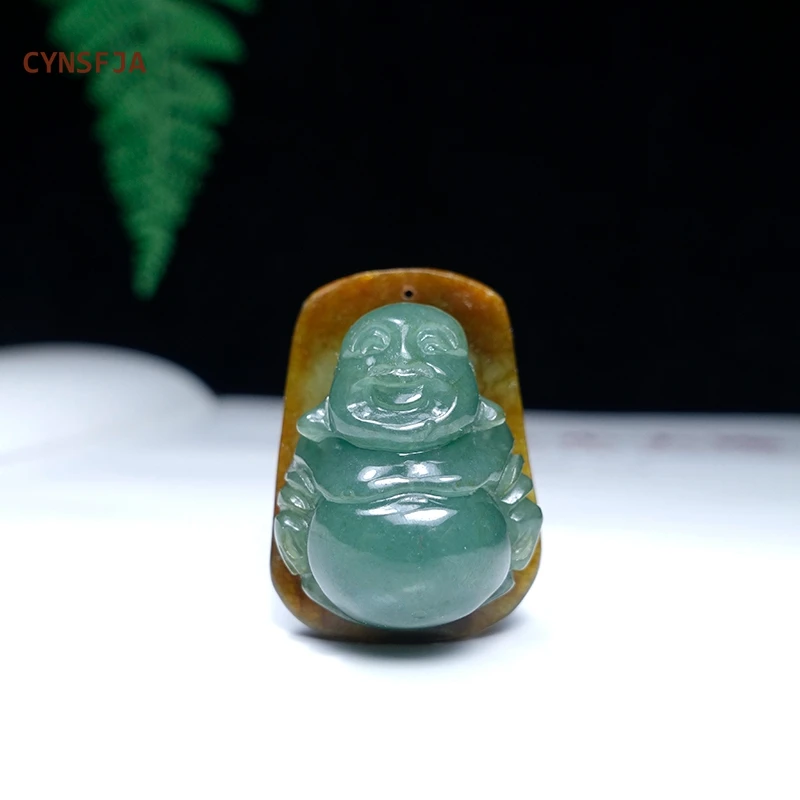 

CYNSFJA Real Rare Certified Natural A Burmese Emerald Jadeite Lucky Amulet Buddha Jade Pendant Green Hand -Carved Bless Gifts