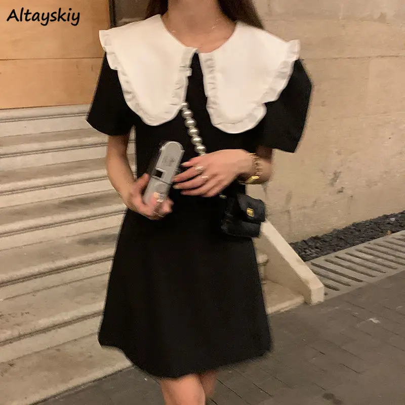 Short Sleeve Dress Women Peter Pan Collar Puff  Sweet Princess Mini A-line Empire Dresses Students Slim Retro French Style