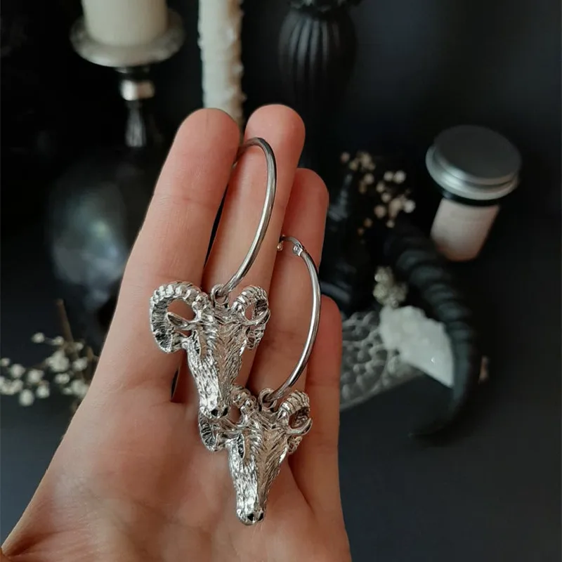 Baphomet-Boucles d\'oreilles créoles de chèvre pour femme, sorcière gothique, satan occulte, bijoux dermatologiques, crâne de bélier satanique,