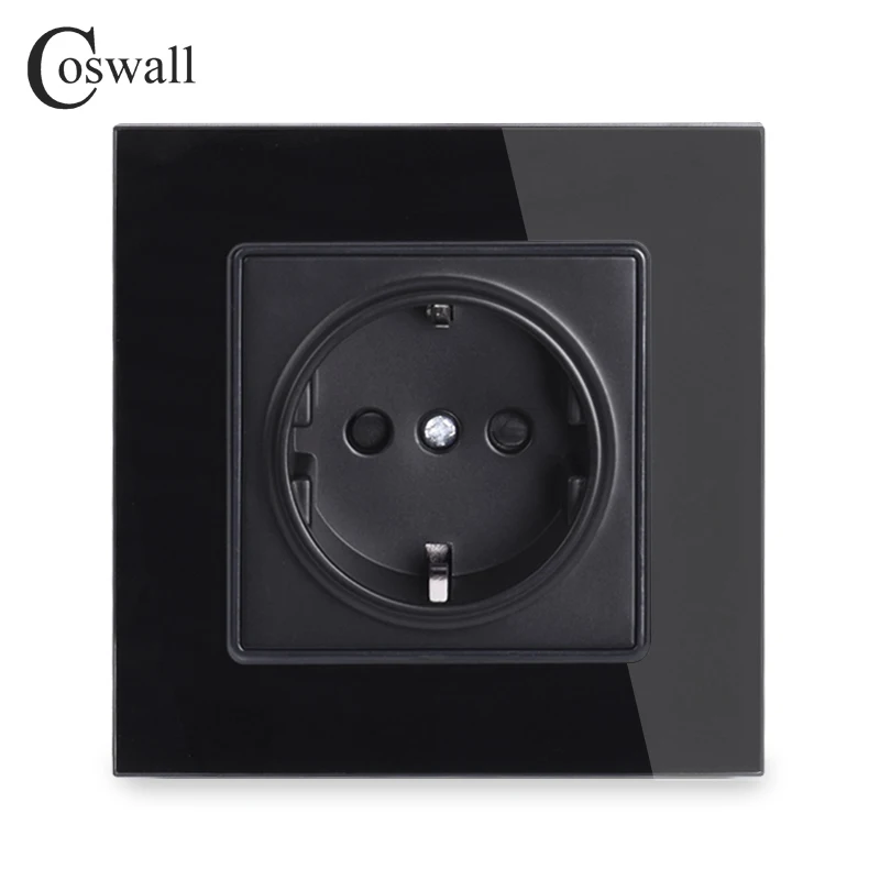 Coswall Wall Crystal Glass Panel Power Socket Plug Grounded, 16A Black EU Standard Electrical Outlet 86mm * 86mm