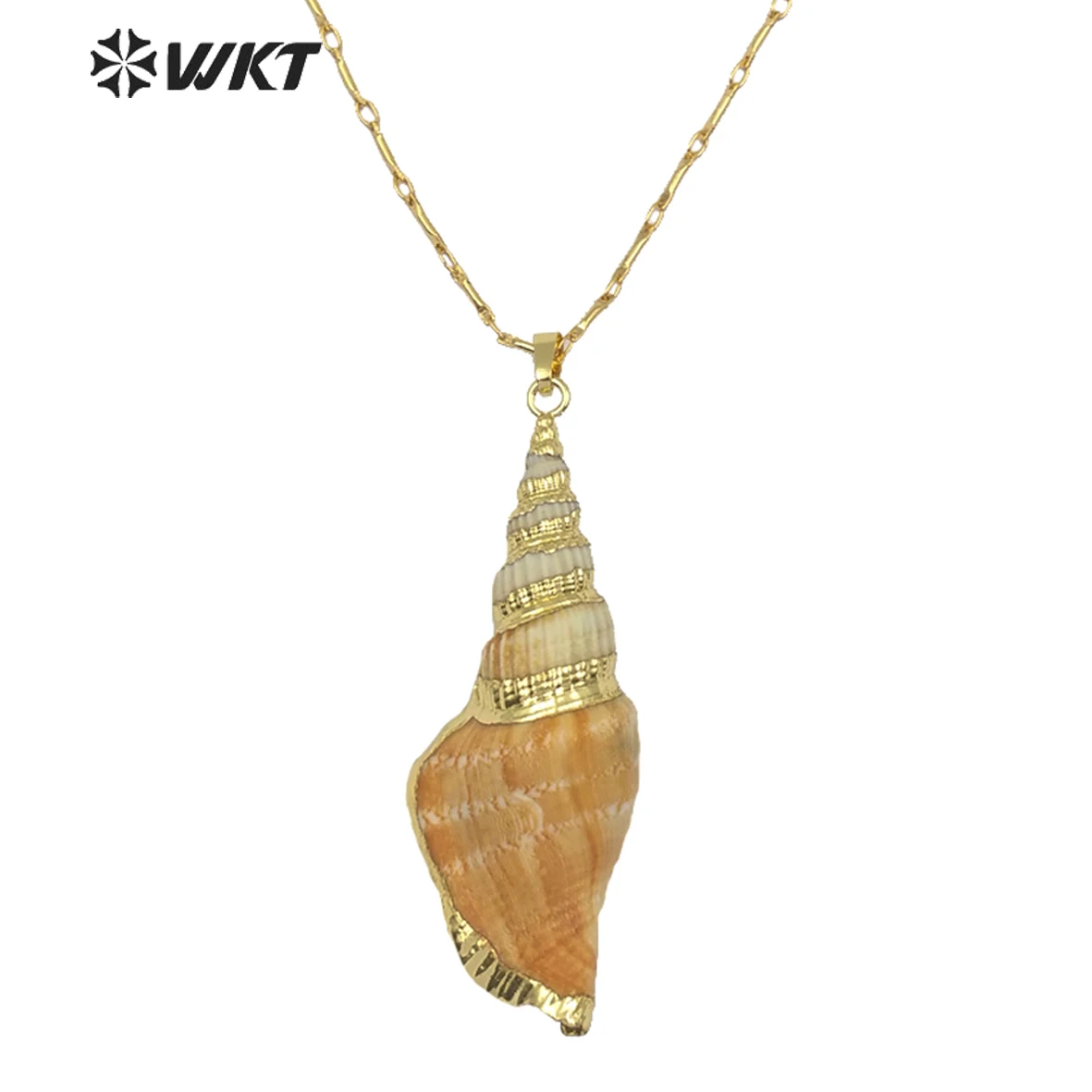 WT-JN044 Hot Sale Beautiful Custom Desidn Custom Natural Eletroplated Trumpet Shell With Gold Chain Necklace For Women Jewelry