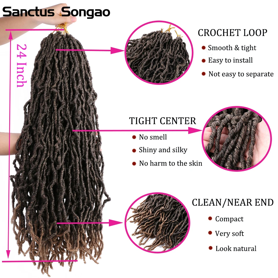 Pré-Looped Soft Goddess Faux Locks para mulheres, Crochet trança extensões de cabelo, encaracolado Dreadlocks, 18 ", 24", 36"