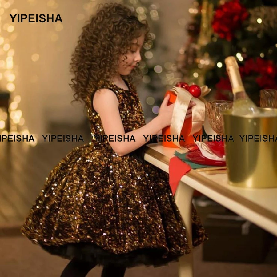 Yipeisha Jewel Glitter Sequin Flower Girl Dresses Knee Length A-line Gold Birthday Party Gown for Kids Children Formal Dress