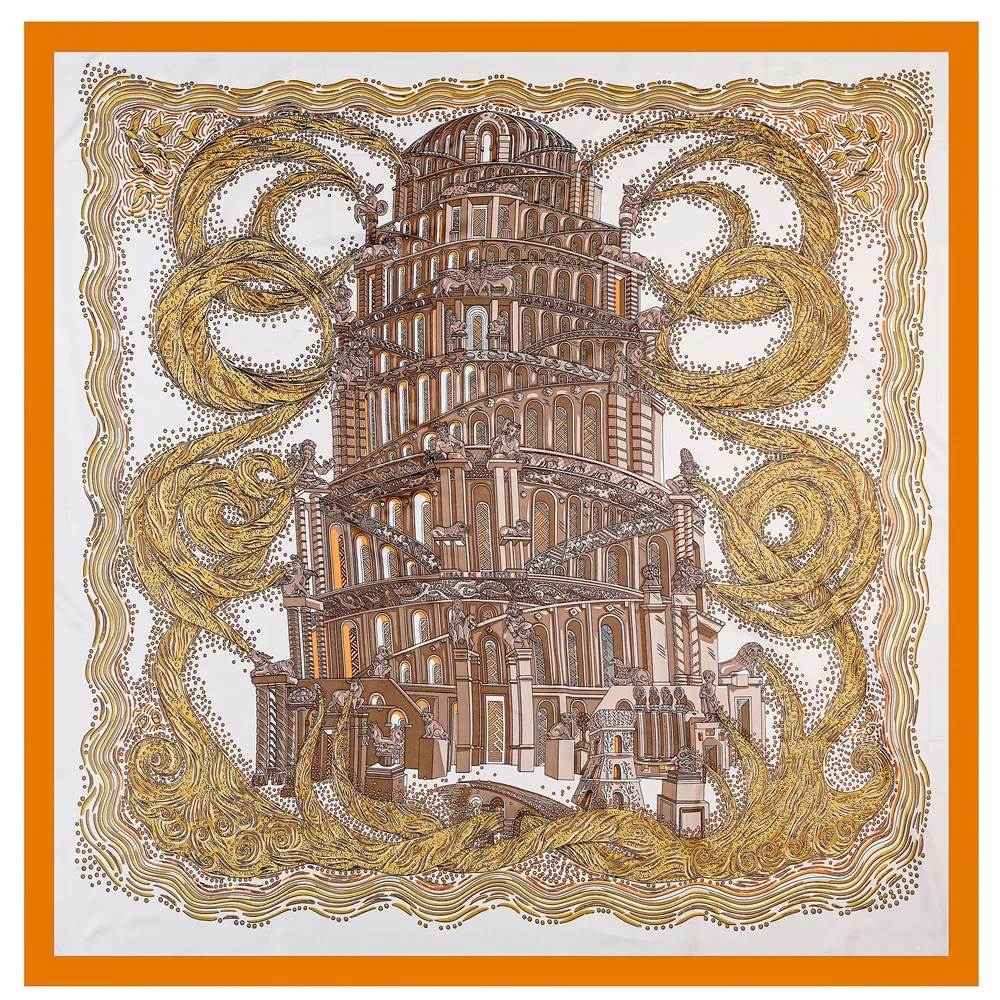 

130cm Brand Square Scarf Design Mystery Palace Luxury Twill 100% Silk Scarf Fashion Women Scarves Kerchief Shawl Echarpe 2023