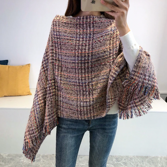 

Spring Autumn New Female Shawl Tassel Knitted Women Cloak Blouse Pullover Cloak Stripe Loose Girl Sweater Coat Pink