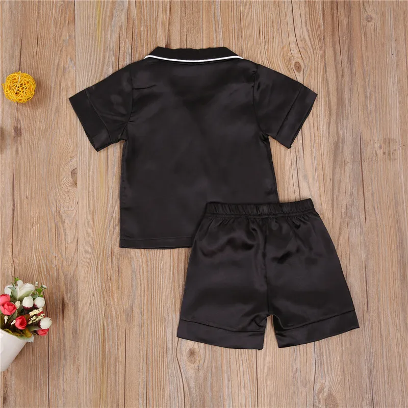 Ensemble de pyjama en satin noir pour bébé garçon, haut à manches longues, pantalon, chemise de nuit décontractée, vêtements de nuit pour enfants,