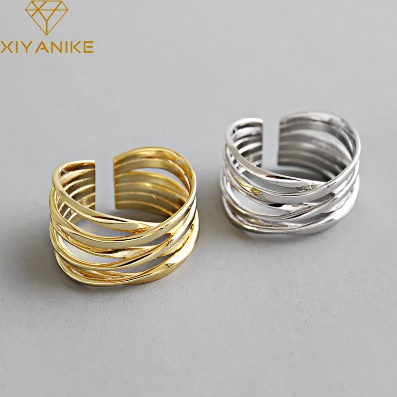 XIYANIKE Silver Color  Rings Creative Multilayer Winding Line Geometric Handmade for Women Couple Size 17.2mm Adjustable