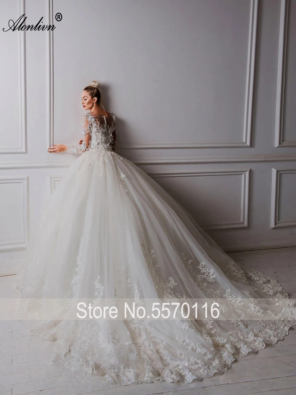 Alonlivn Estido De Novia Arabic Luxury V-Neck Tulle Applique Long Sleeve Wedding Dress Elegant O-neck Wedding Bridal Gowns