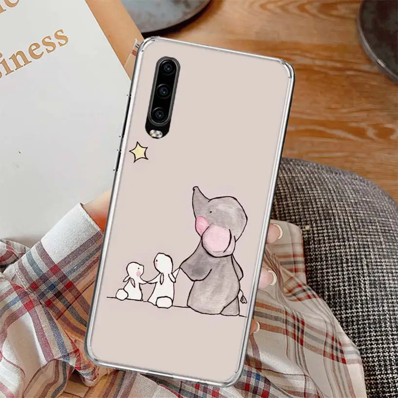 Cartoon Elephant Pink Phone Case For Huawei P30 P20 P10 P40 P50 Mate 40 30 20 10 Pro Lite + Soft Cover House Coque Fundas