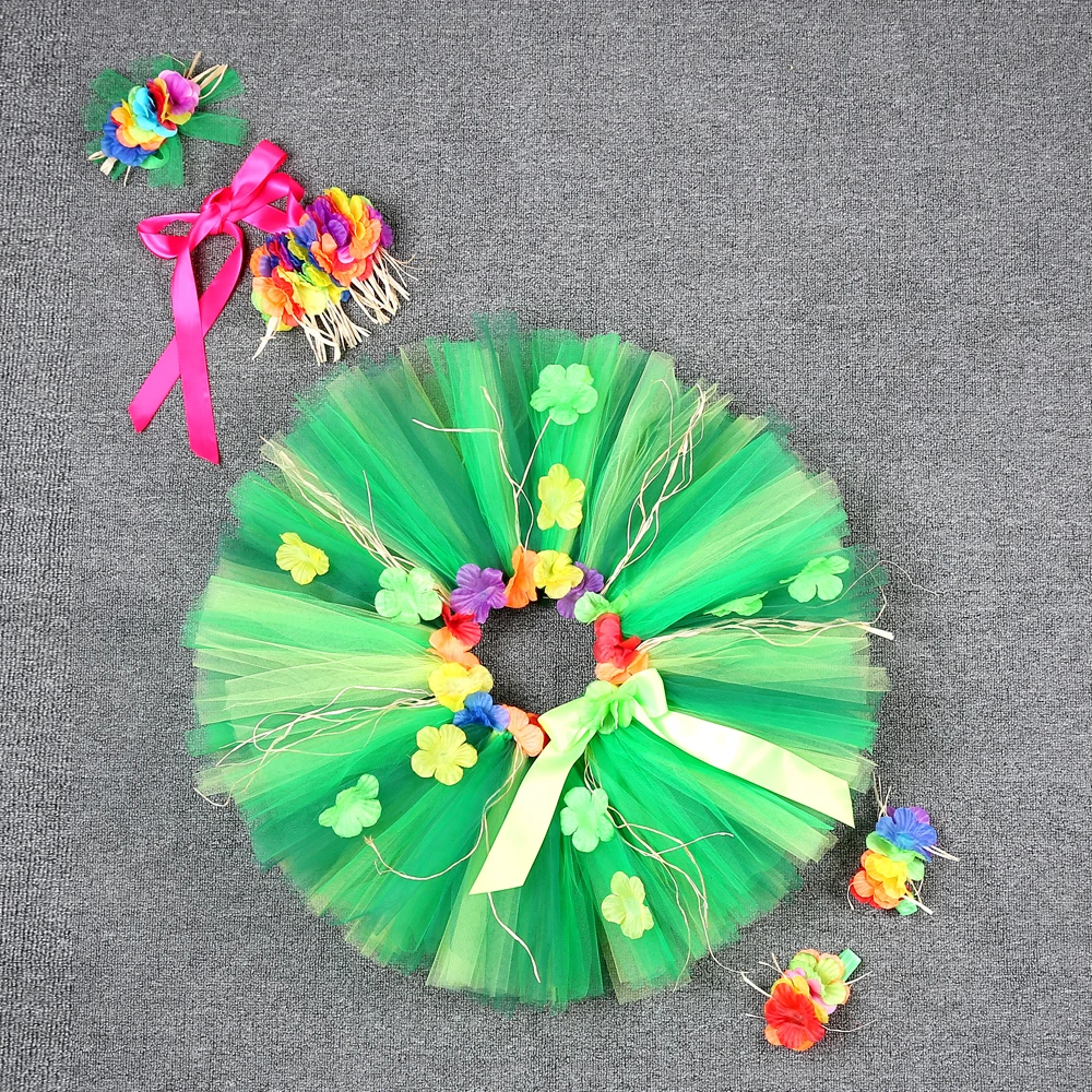 Flowers Hawaii Grass Skirt Outfits for Girls Kids Dance Tutu Skirts for Campfire Party Princess Toddler Tutus Fancy Costumes