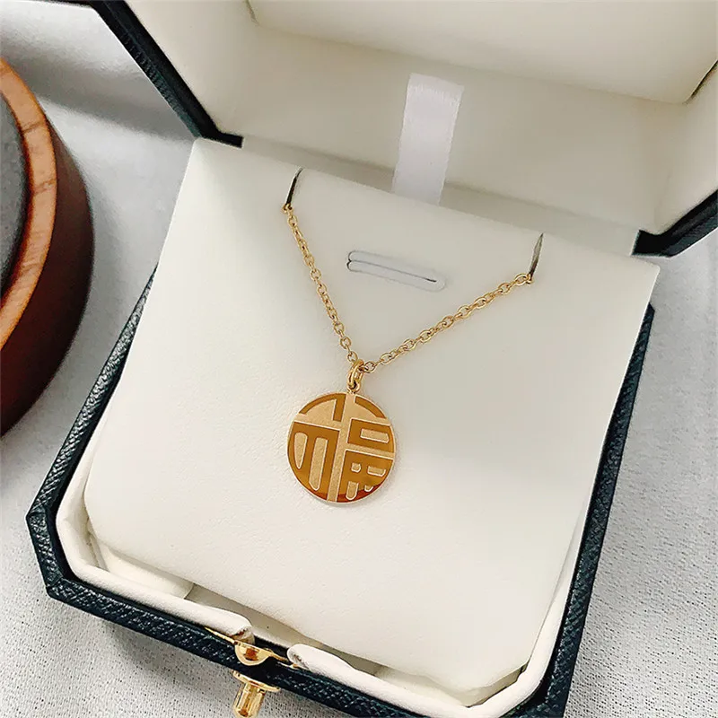 YUN RUO Chinese Word Best Wishes Pendant Necklace Yellow Gold Plated 316 L Titanium Steel Jewelry Woman Birthday Gift Never Fade