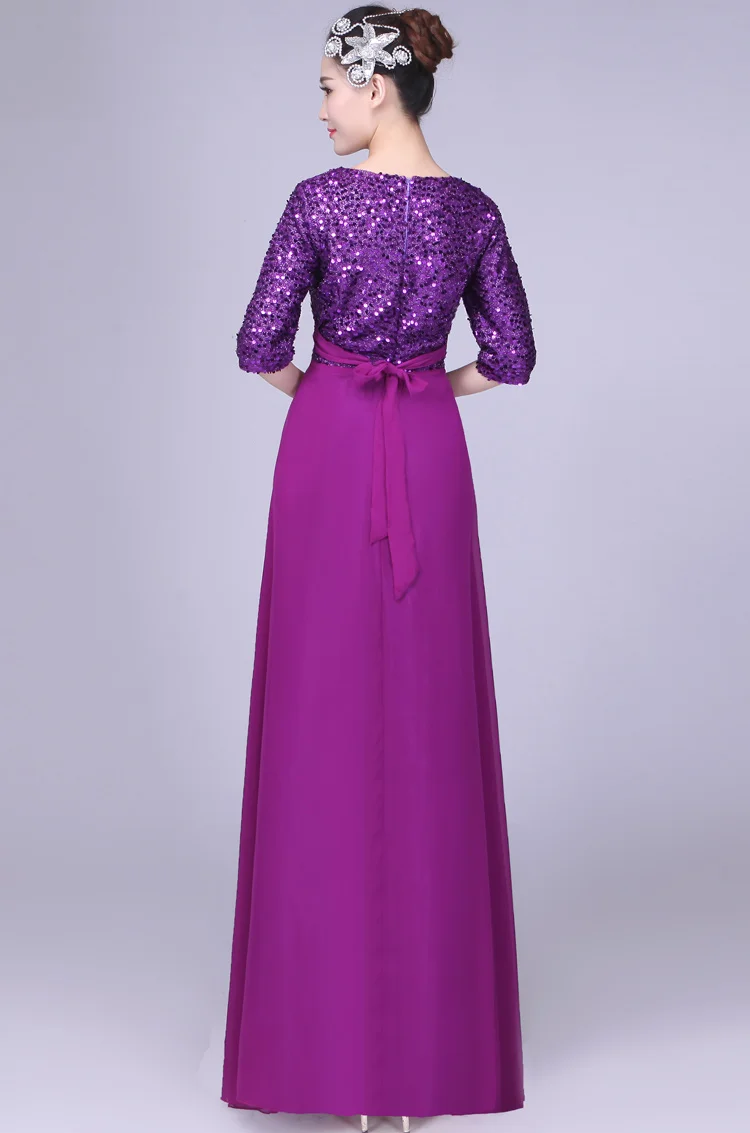 XYF-60 # Gaun Malam Leher O Panjang Sifon Ungu Royal Biru Merah Kinerja Gaun O-Neck Payet Grosir Pakaian Wanita