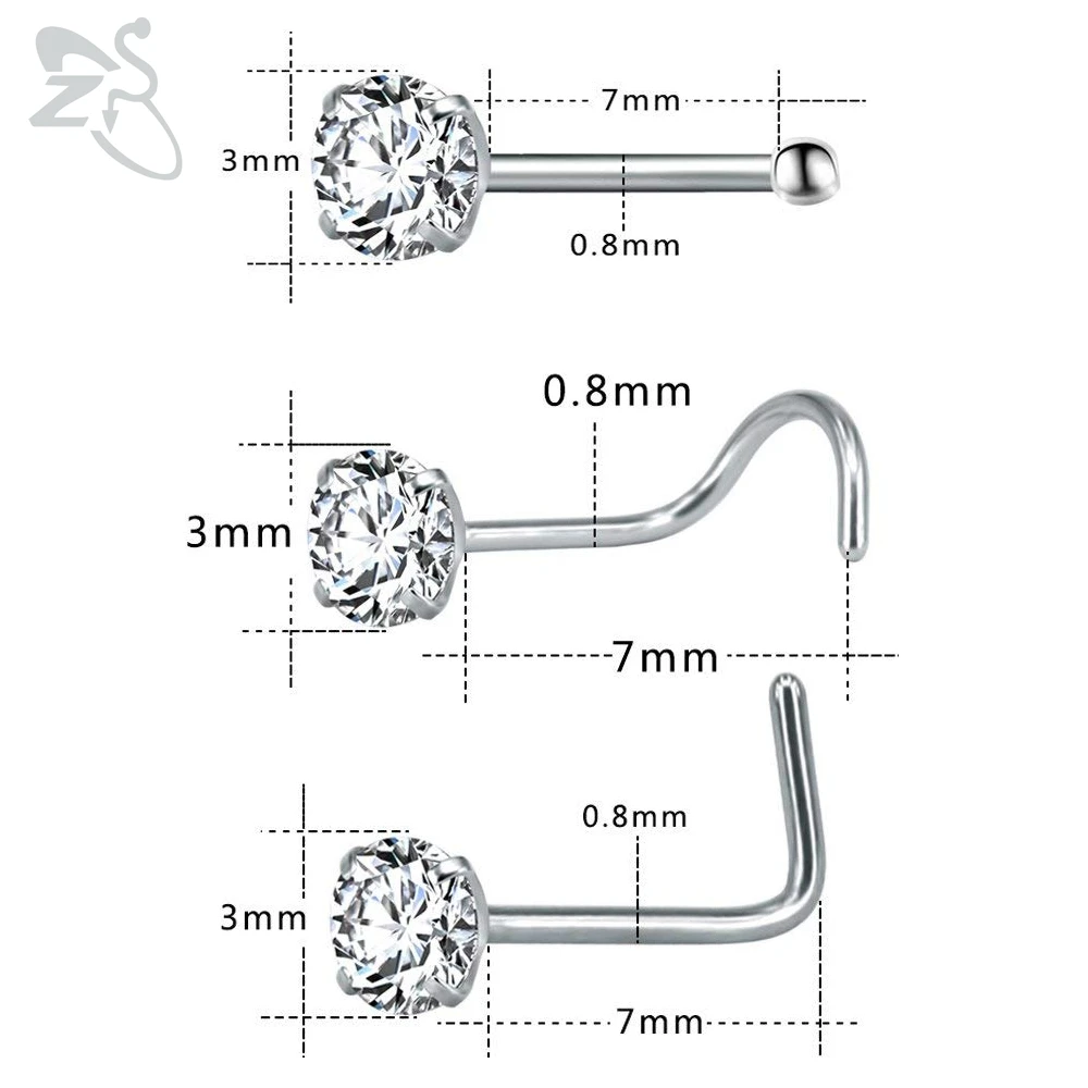 ZS-Aço Inoxidável Nariz Stud Set, Estrela Redonda do Coração, CZ Piercings De Nariz De Cristal, L-Forma Nostril Piercing Jóias, 20g, 3-12Pcs, Lote