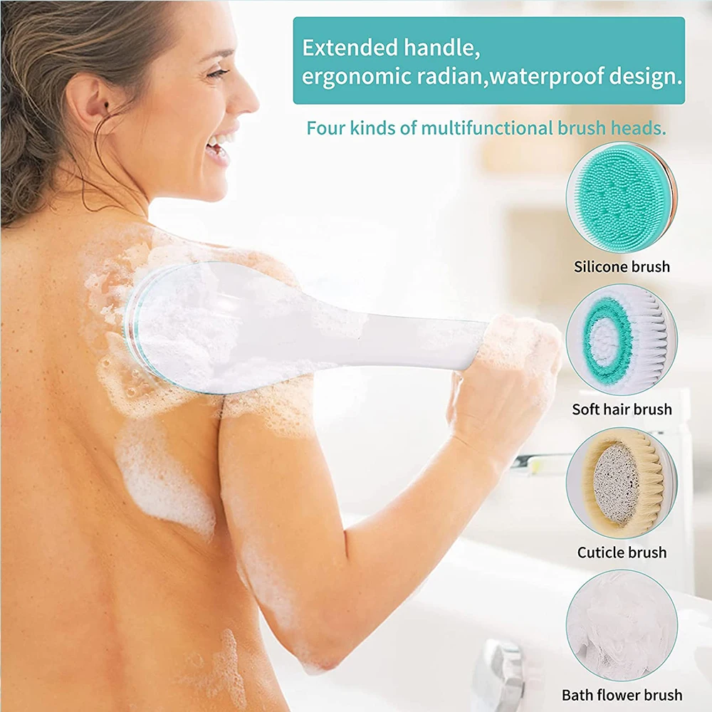 Spa Exfoliation Face Skin Care Machine 4 In 1 Electric Waterproof  Bath Shower Brush Rotating Scrubber Shower Brush Long Handle