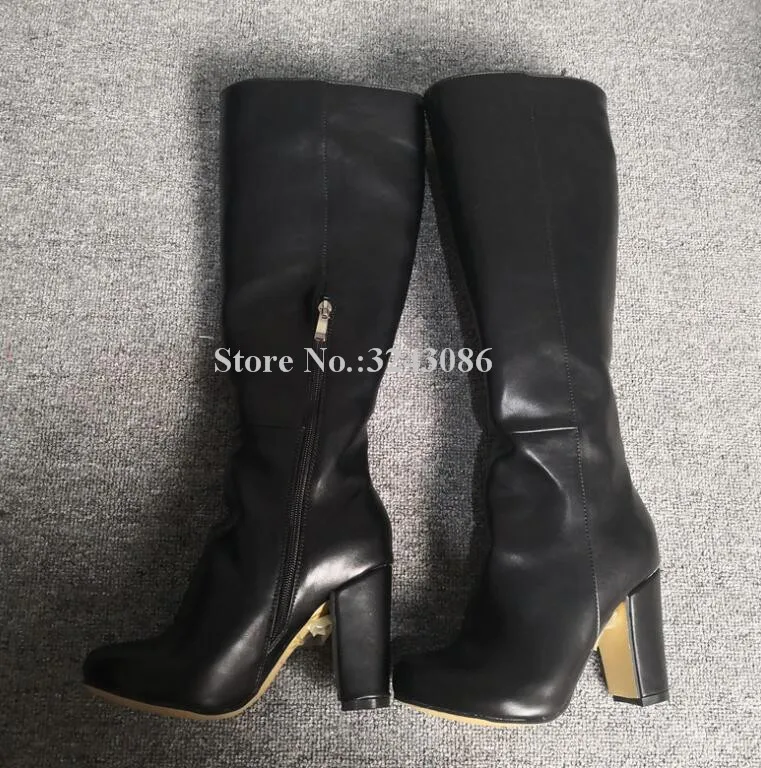 Real Photos Black Leather Chunky Heel Knee High Boots Women Fashion Round Toe Thick Heel Long Boots Hot Sale Winter Shoes