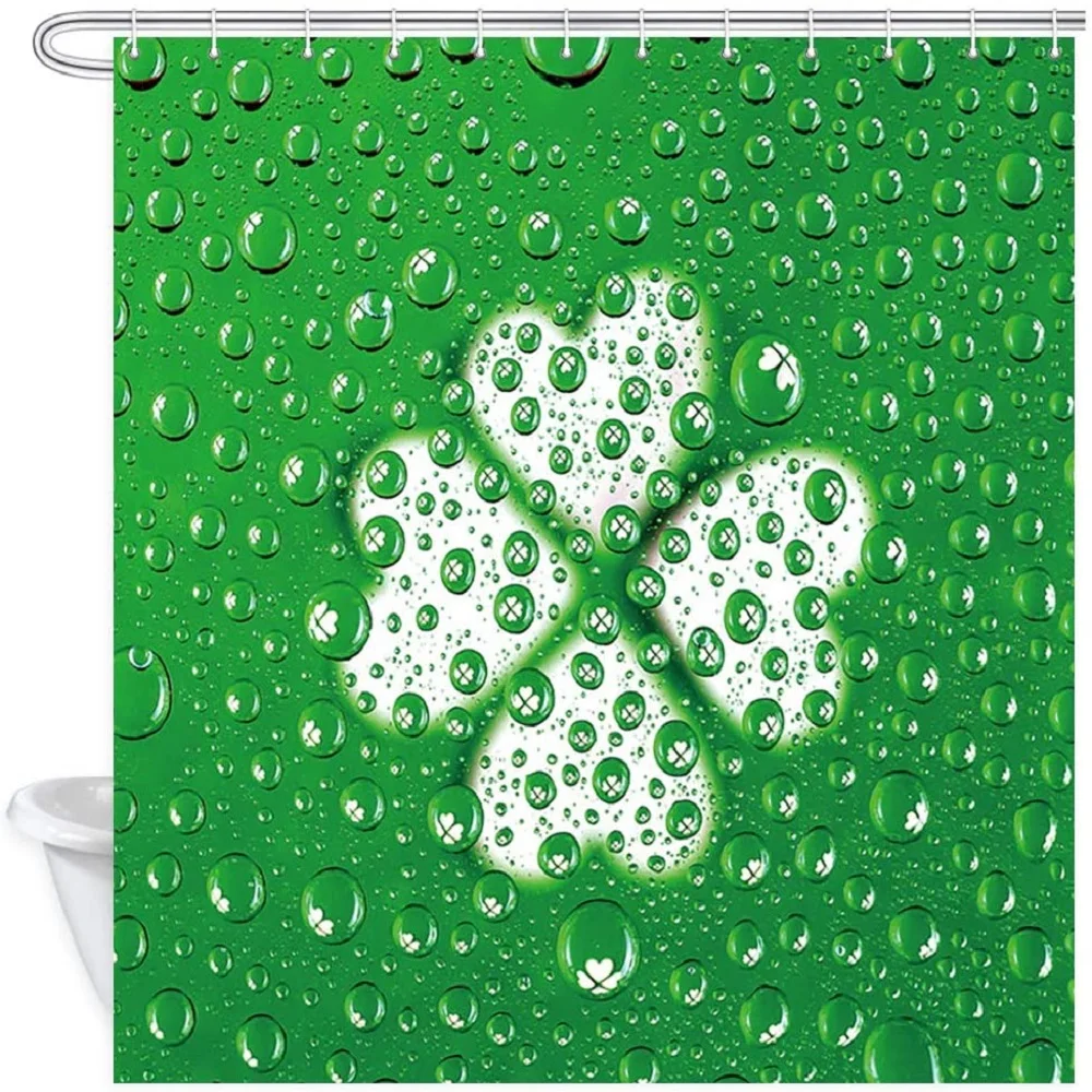 St Patrick Shower Curtain, Water Drops with a lot of Clover Green, Waterproof Fabric Bathroom Bath Curtain swith Hooks Decor