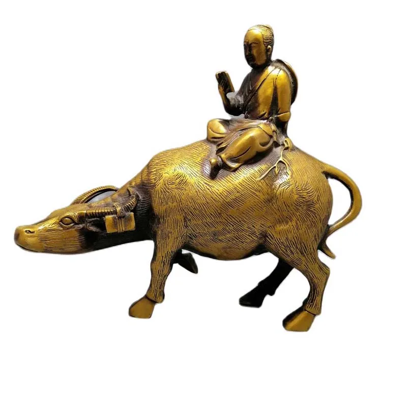 

Copper Statue Wholesale collection antique crafts brass children riding cattle Boy read a book Cow ornaments 1922.5g