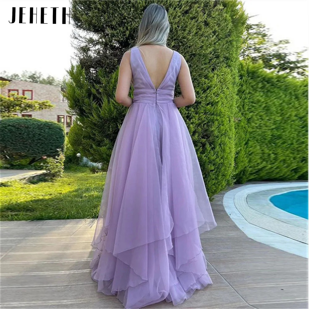 Jeheth Licht Paars V-hals Tiered Chiffon Boho Prom Jurken Backless Fee Mouwloze Partij Jassen Robes De Soiree Floor Lengte