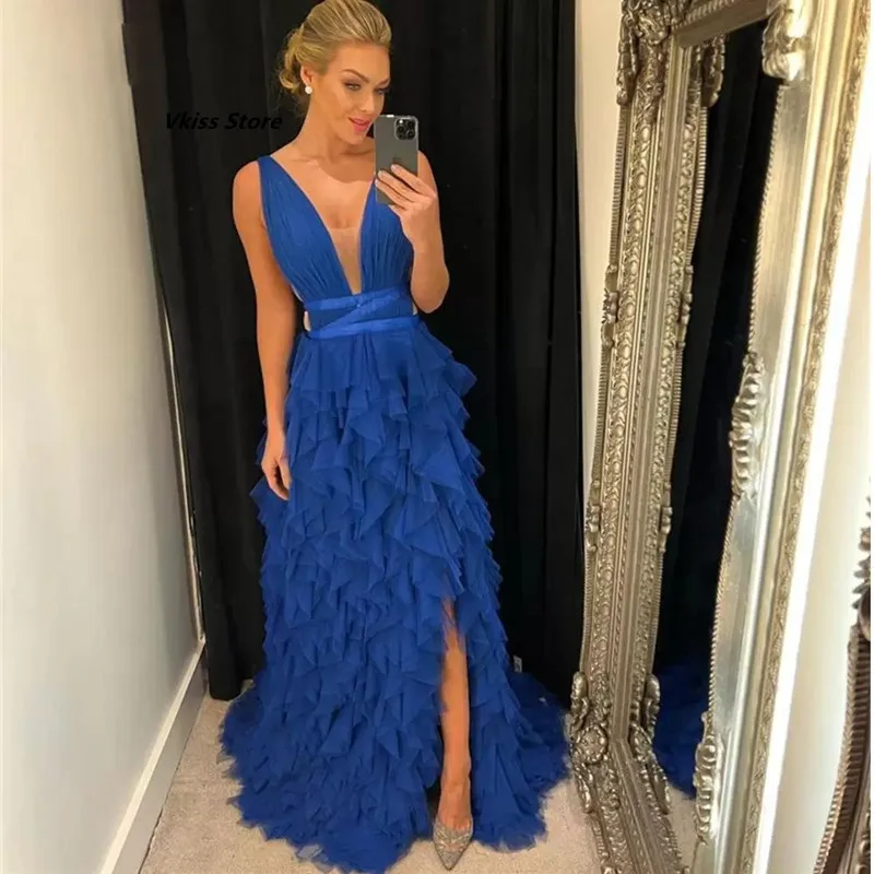 Modest Tiered Ruffles Evening Dresses Blue Side Slit Boho Prom Dress Party Gowns Bandage Waist A Line Females Robe De Soiree