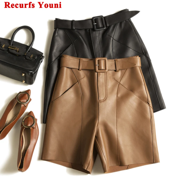 Shorts For Women 2023 Harajuku Genuine Leather Short Pants With Belt Femme Slimming Casual Straight Leg Scanties Ropa Mujer