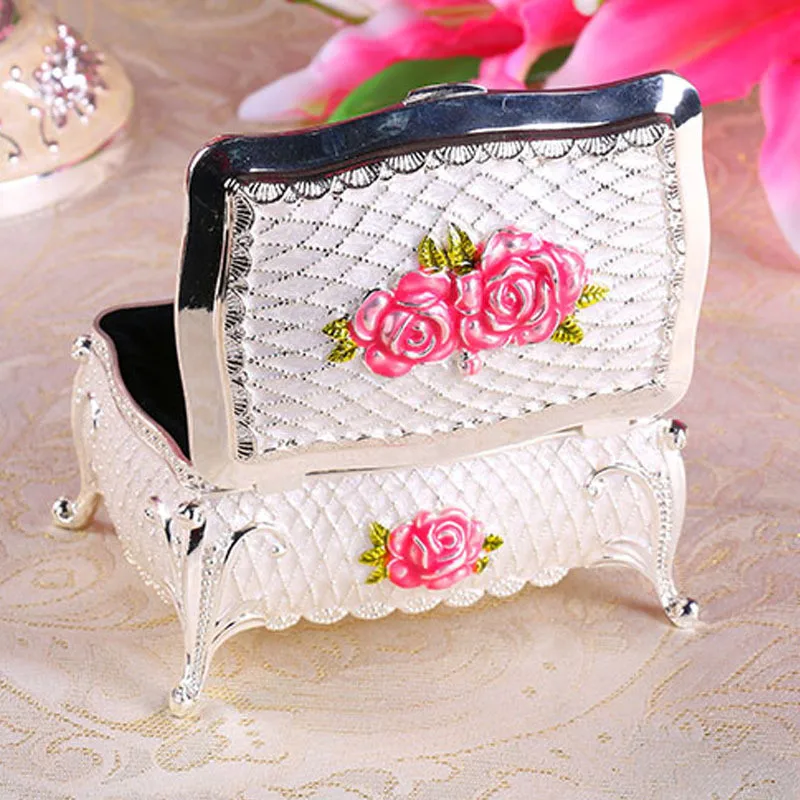 Classic Metal Jewelry Box Antique Tin Rectangle Jewelry Box Treasure Storage Organizer Chest with Rose Pattern Gift