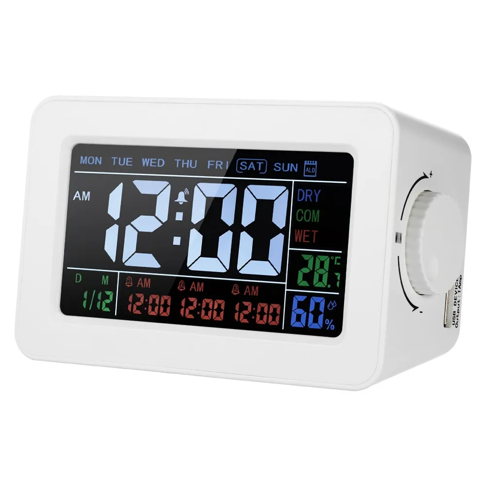 LCD Digital Thermometer Hygrometer Clock Temperature Humidity Meter 3 Alarm Clocks Snooze Backlight Color Screen Display