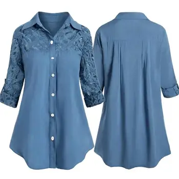 Camicia da donna casual da donna in tinta unita con colletto rovesciato, risvolto, maniche lunghe, cuciture in pizzo, monopetto, per pendolari da ufficio