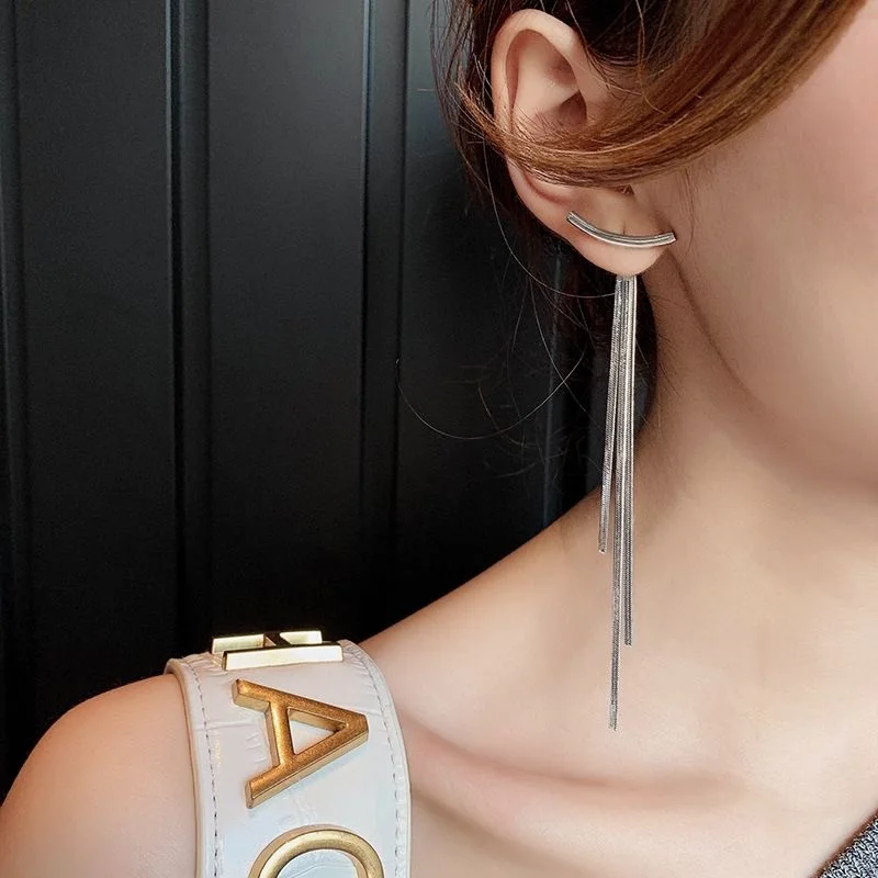 Vintage Long Thread Tassel Glossy Ar Bar Drop Earrings for Women Gold Color Geometric Korean Fashion Jewelry Hanging Pendientes