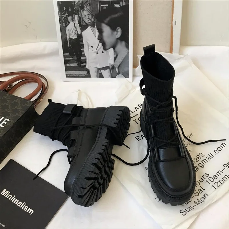 Women's Mid Calf Boots Autumn Winter 2021 New Women's Leisure Platform Elastic Socks Boots Black Lace Up Women's Gothic Shoes